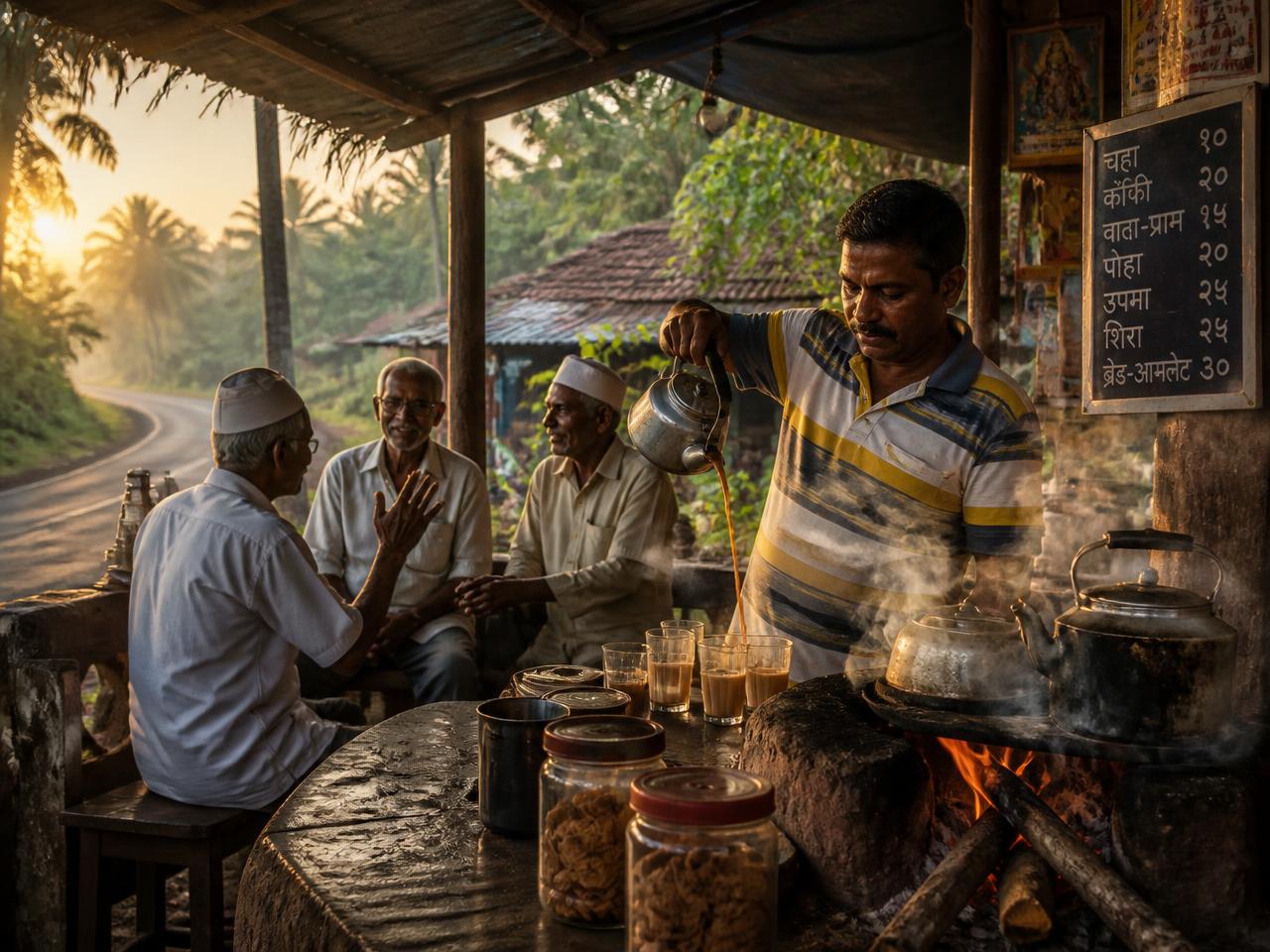 Hot cutting chai being poured at a Kokan roadside tea stall