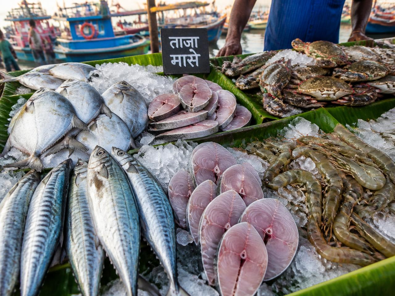 Fresh Kokan catch of pomfret, mackerel, prawns and crab