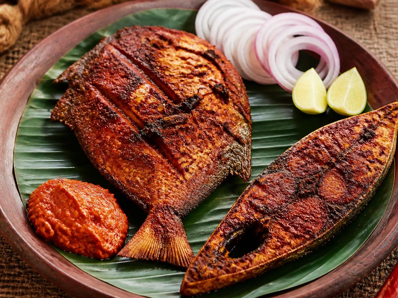 Malvani rava fried fish on a banana leaf