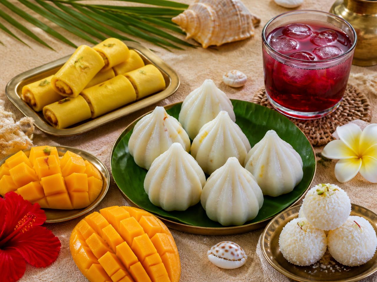 Kokan sweets and drinks: modak, amba poli, kokum sarbat and alphonso mango