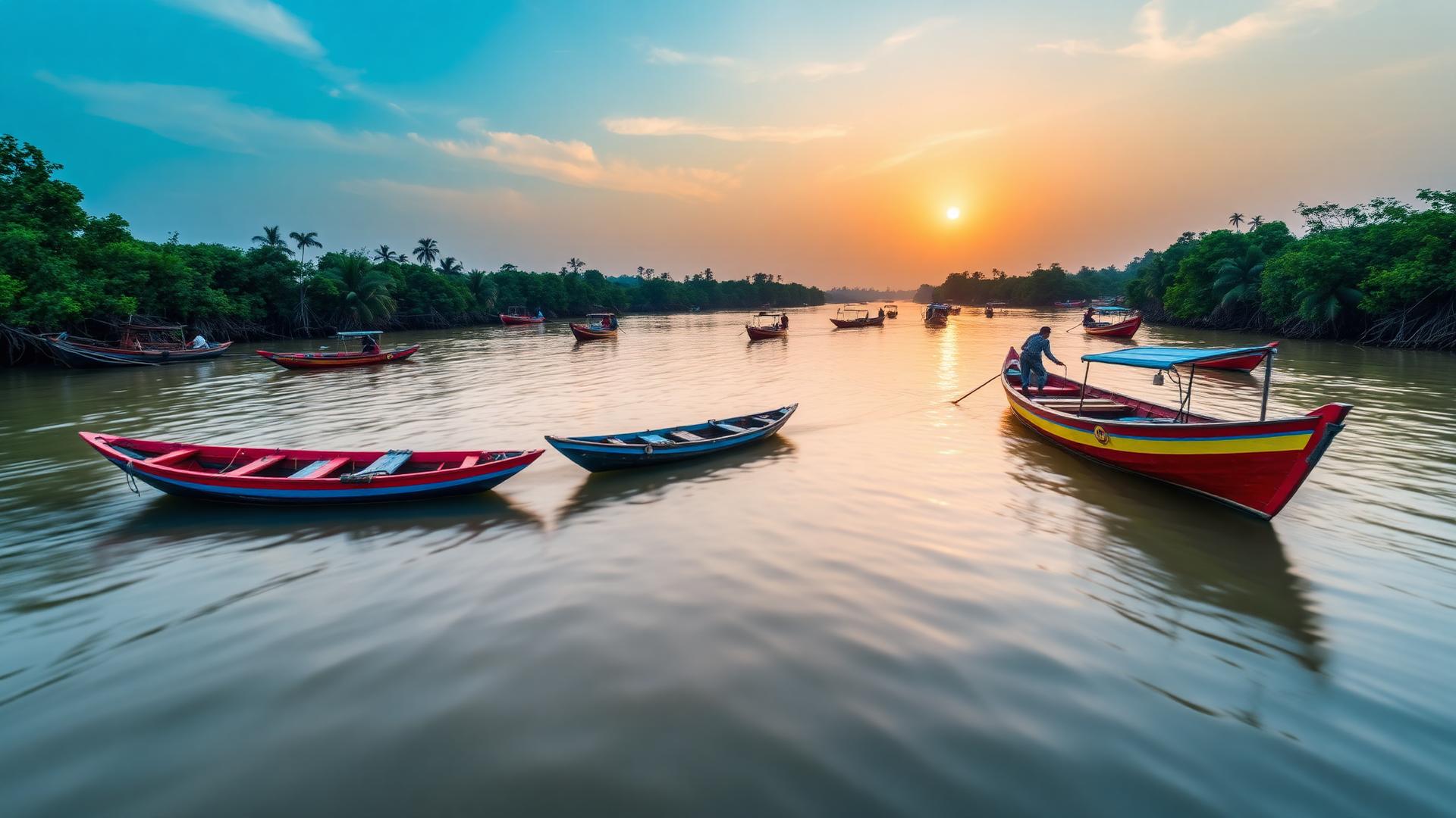 Colourful fishing boats on a Kokan creek at sunrise