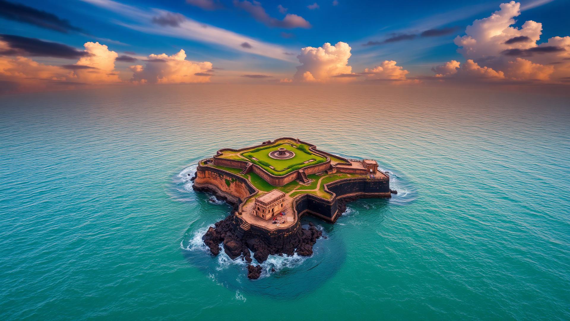 Sindhudurg sea fort surrounded by turquoise water at golden hour