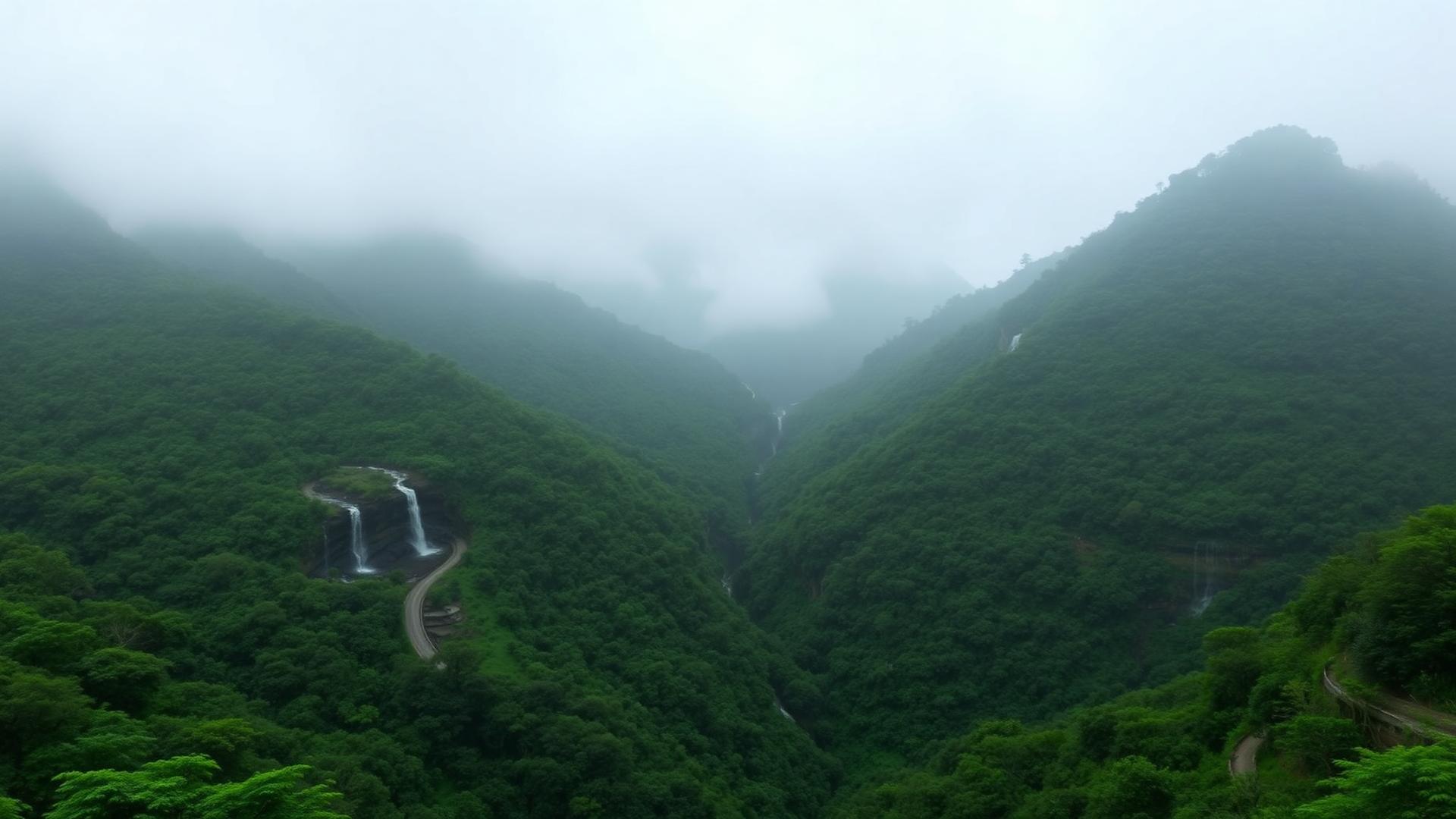 Misty green Sahyadri hills of the Kokan in monsoon