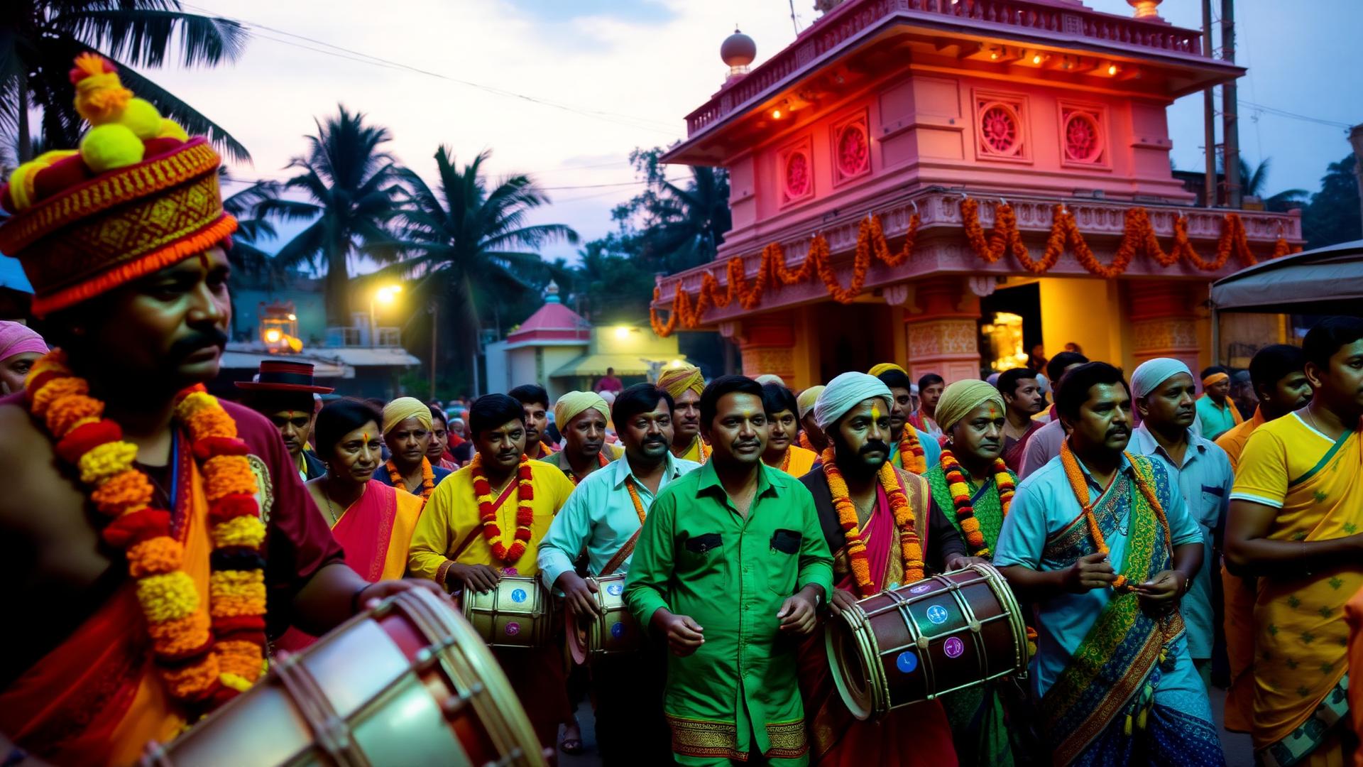 Kokan village festival procession with dhol tasha drummers