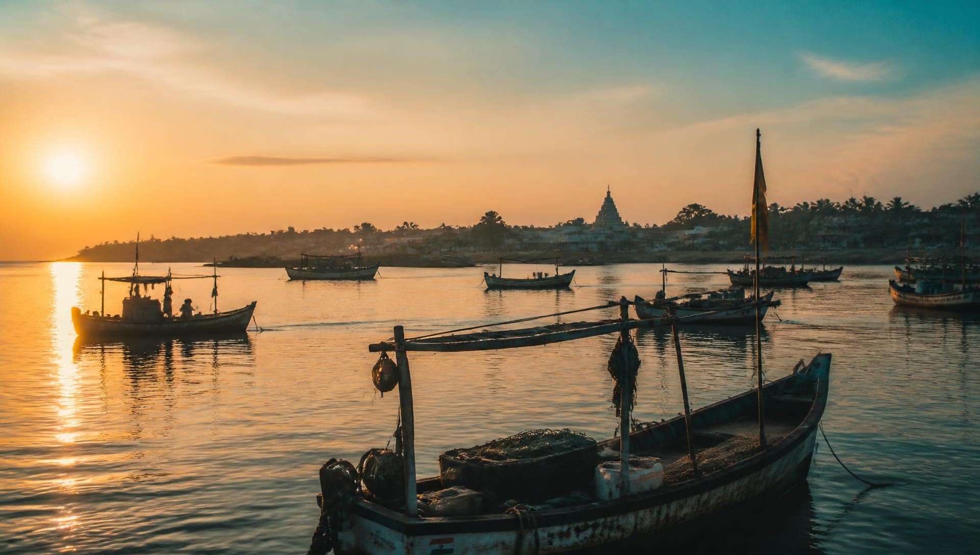 Fishing boats on a calm Kokan creek at sunrise