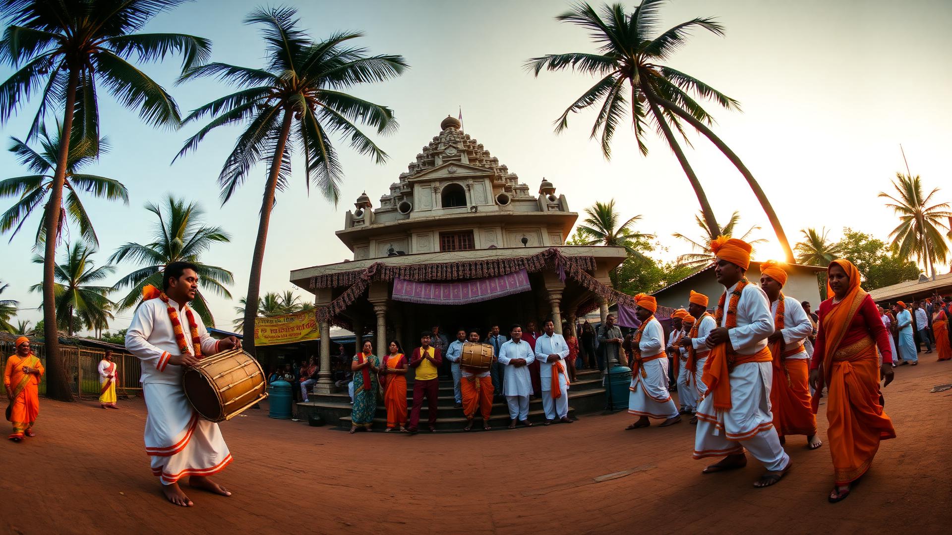Dhol players and folk dancers celebrating outside a Kokan village temple