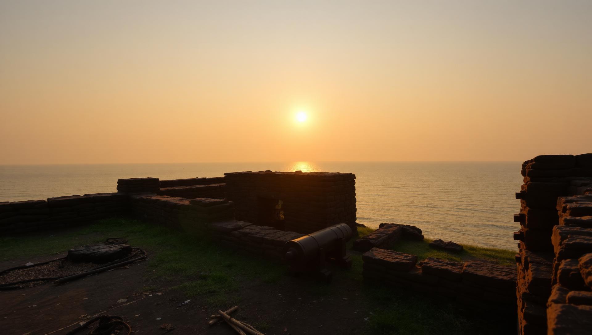 Ruins of an old Kokan coastal fort with a cannon at sunset