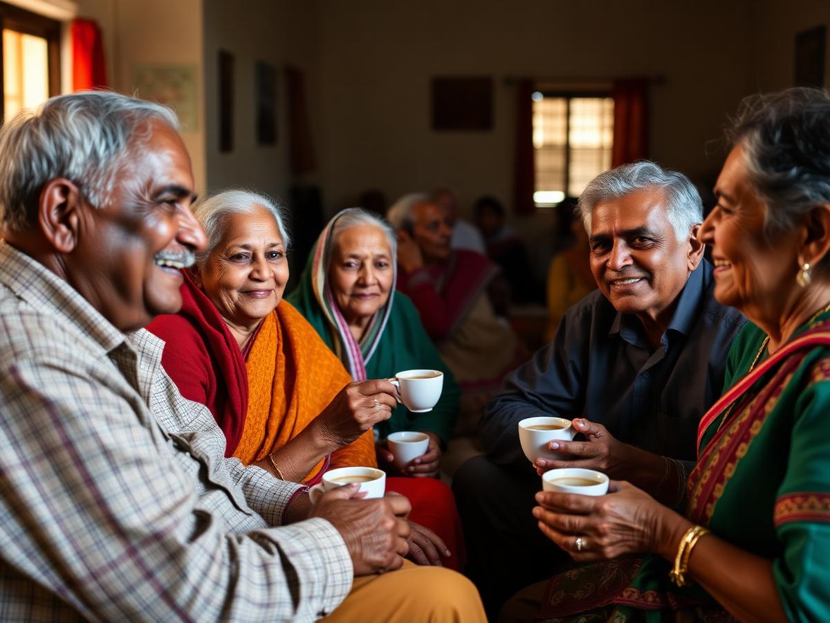 Senior citizens sharing tea and conversation at a community gathering